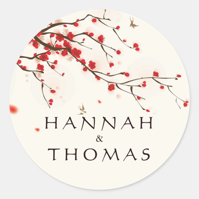 Cherry Blossoms Watercolor Wedding Personalised Classic Round Sticker (Front)