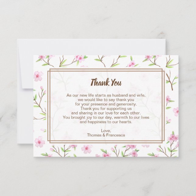 Cherry Blossoms Watercolor Wedding Thank You Card (Front)