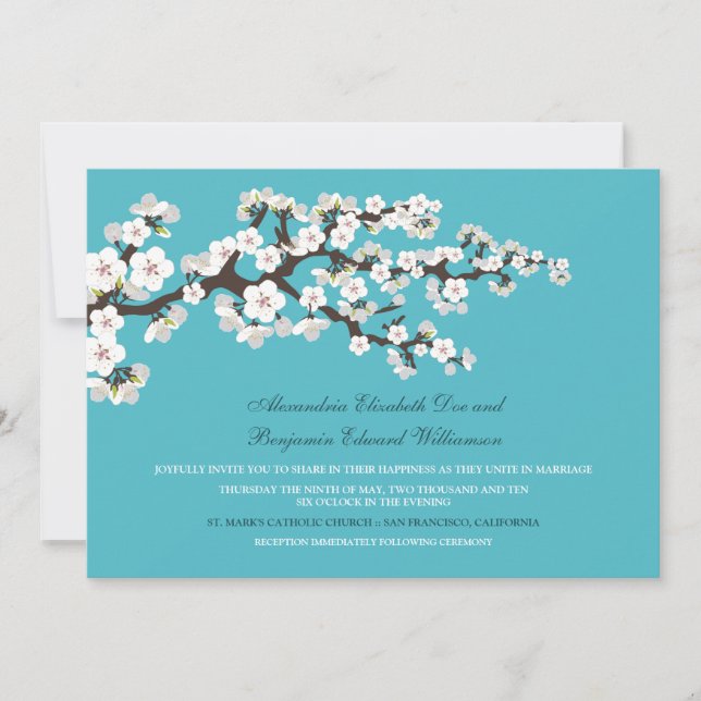 Cherry Blossoms Wedding Invitation (aqua) (Front)
