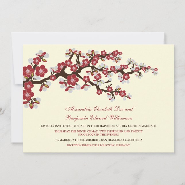 Cherry Blossoms Wedding Invitation (cranberry) (Front)