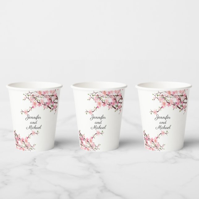Cherry Blossoms Wedding Reception Personalise Name Paper Cups (Multi)