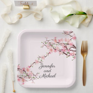 Cherry Blossoms Wedding Reception Personalise Name Paper Plate