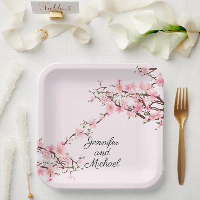 Cherry Blossoms Wedding Reception Personalise Name Paper Plate (Wedding)
