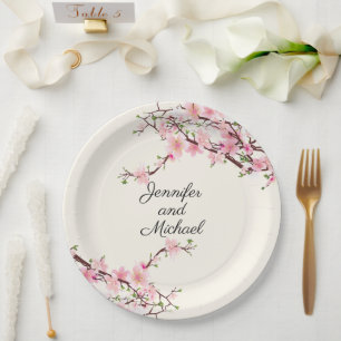 Cherry Blossoms Wedding Reception Personalise Name Paper Plate