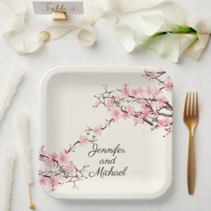 Cherry Blossoms Wedding Reception Personalise Name Paper Plate