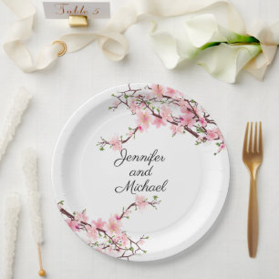 Cherry Blossoms Wedding Reception Personalise Name Paper Plate