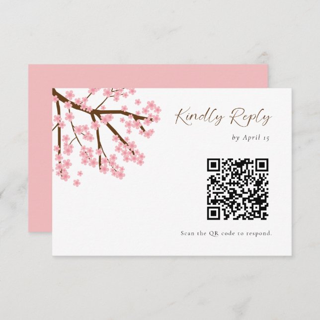 Cherry Blossoms Wedding RSVP QR Code Floral Script (Front/Back)