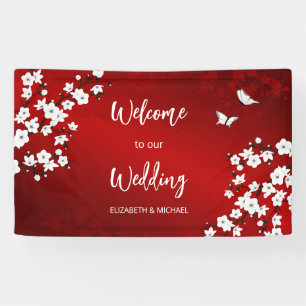 Cherry Blossoms White Red Wedding Welcome Banner