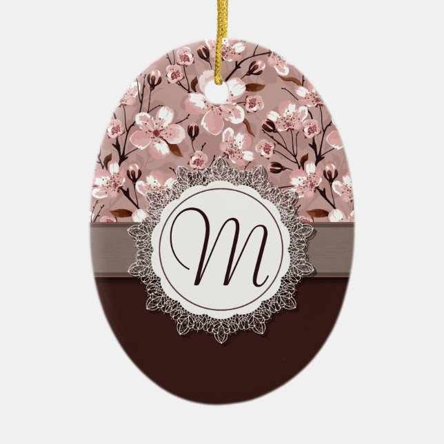 Cherry Blossoms with Lace Monogram Ceramic Tree Decoration (Front)