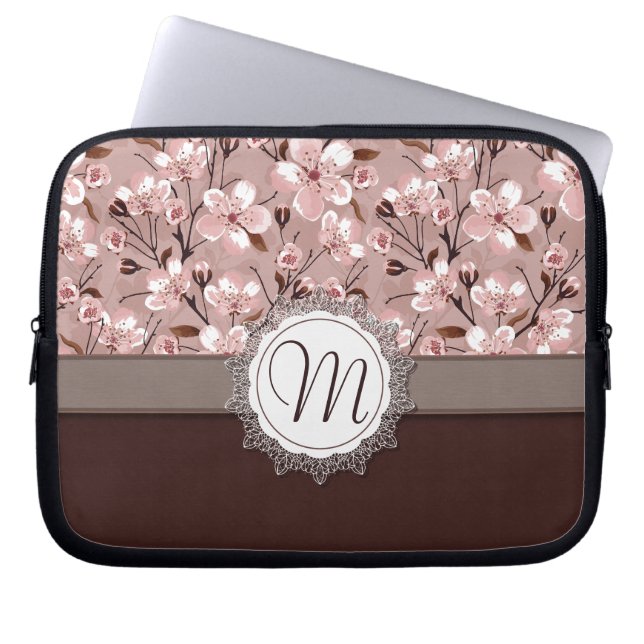 Cherry Blossoms with Lace Monogram Laptop Sleeve (Front)