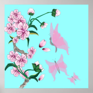 Cherry Blossoms with Pink Butterflies Poster