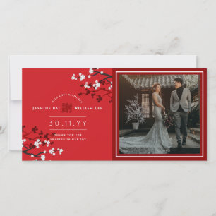 Cherry Blossoms 'Xie Xie' Chinese Wedding Photo Thank You Card