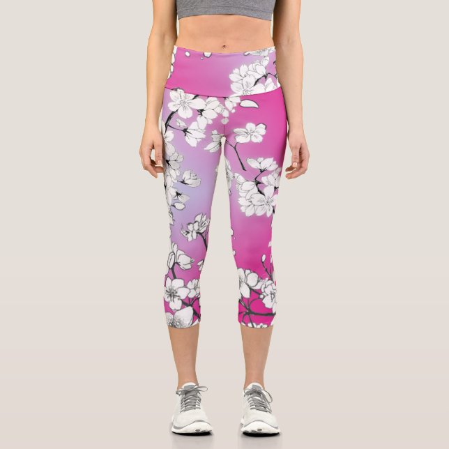 Cherry Blossoms Yoga |  Skinny Fit | Sakura YOGA L Capri Leggings (Front)