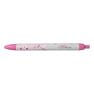Cherry Blosssom Silver Glitter Monogram Blue Ink Pen