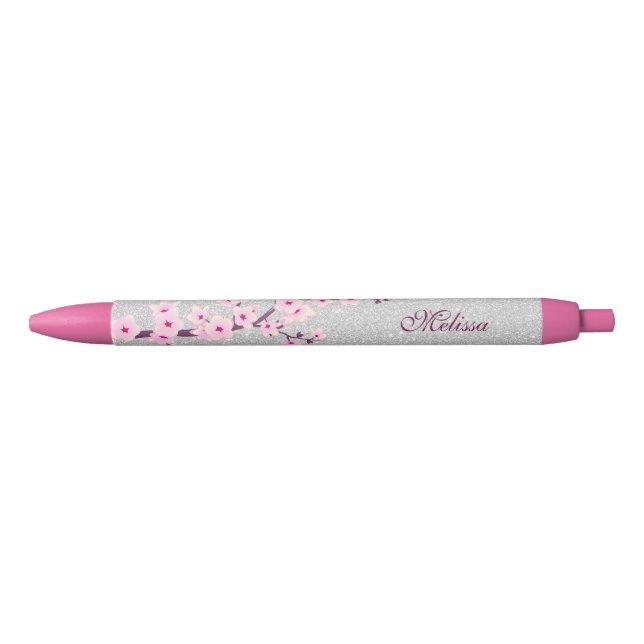 Cherry Blosssom Silver Glitter Monogram Blue Ink Pen (Front)