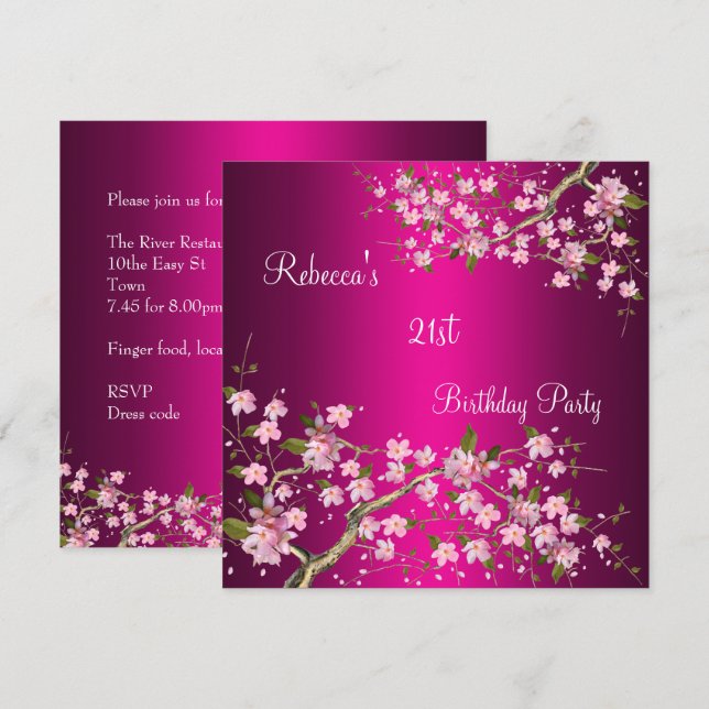 Cherry Bossom 21st Elegant Birthday Party Pink Invitation (Front/Back)