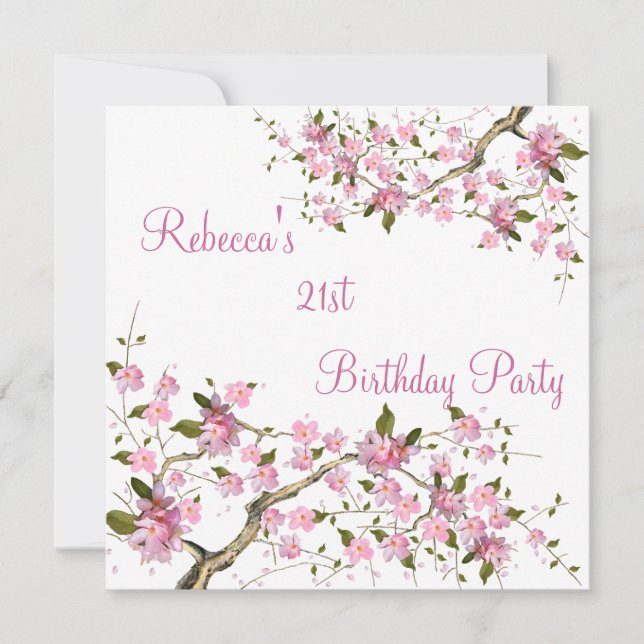 Cherry Bossom 21st Elegant Birthday Party White Invitation (Front)