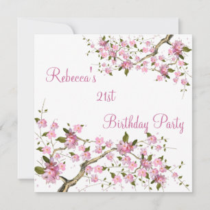 Cherry Bossom 21st Elegant Birthday Party White Invitation