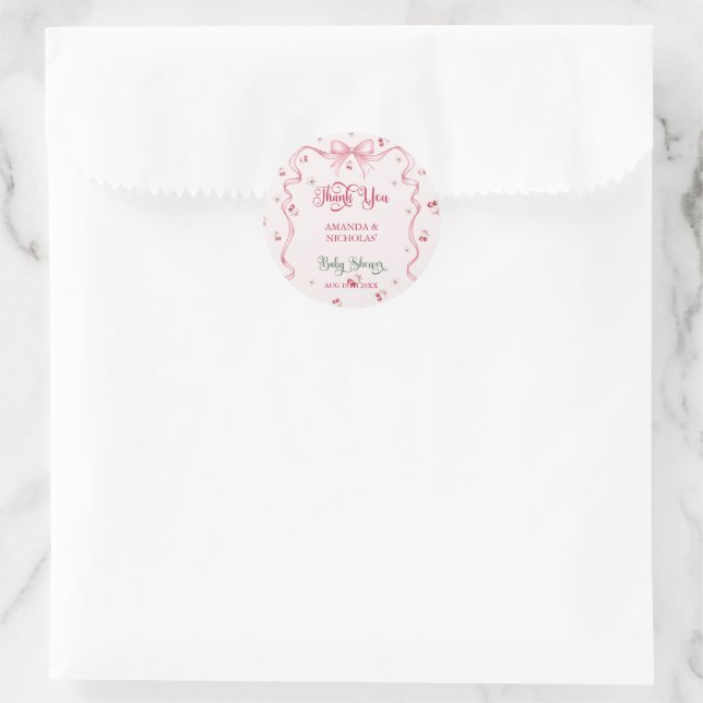 Cherry Bow Baby Shower Thank You Classic Round Sticker (Bag)