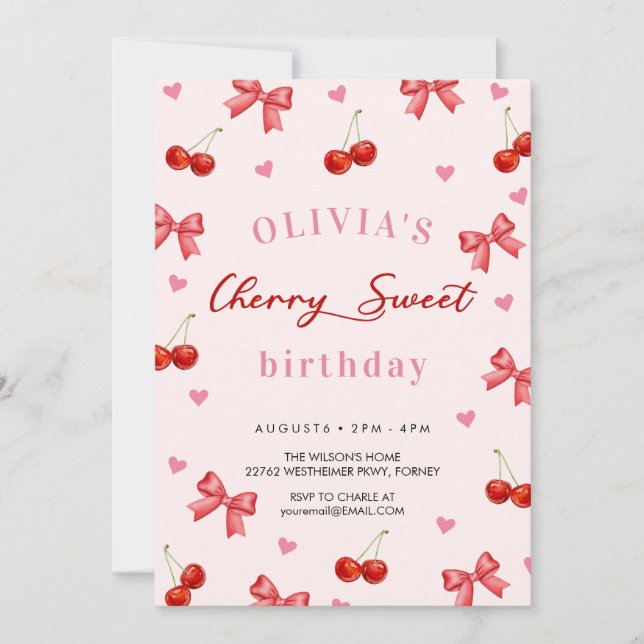 Cherry Bow Birthday Invitation (Front)