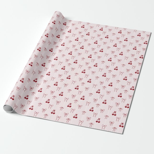 Cherry Bow Coquette Pink Gift Cute Pattern Wrapping Paper (Unrolled)