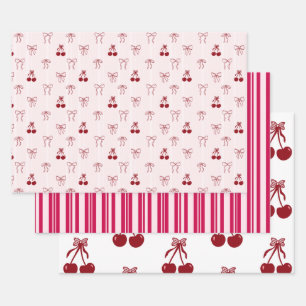 Cherry Bow Coquette Pink Pattern Cute Craft Stripe Wrapping Paper Sheet