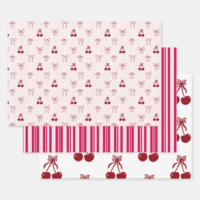 Cherry Bow Coquette Pink Pattern Cute Craft Stripe Wrapping Paper Sheet (Set)