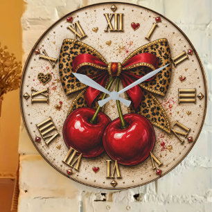 Cherry Bow Cute Leopard Print Coquette Cherry Large Clock