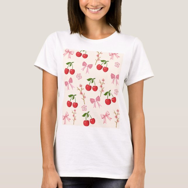 Cherry Bow Cute Retro Aesthetic T-Shirt (Front)