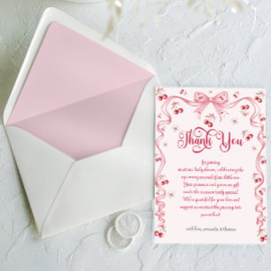 Cherry Bow Girl Baby Shower Thank You Card