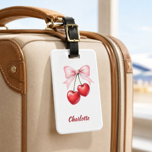 Cherry bow pink name luggage tag
