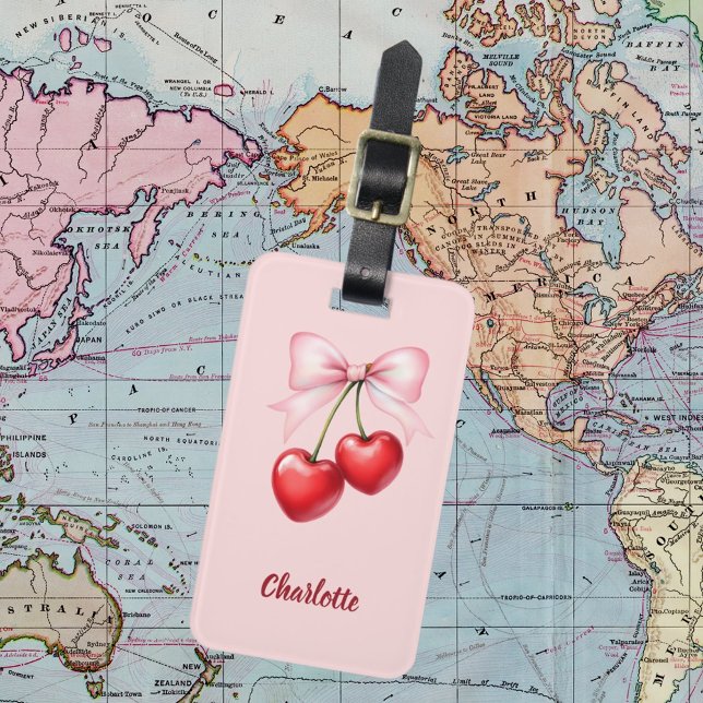 Cherry bow pink name luggage tag (Creator Uploaded)