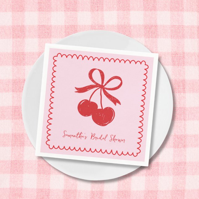 Cherry Bow Pink & Red Hand Drawn Bridal Shower Napkin (Cherry Bow Pink & Red Hand Drawn Bridal Shower Napkins)