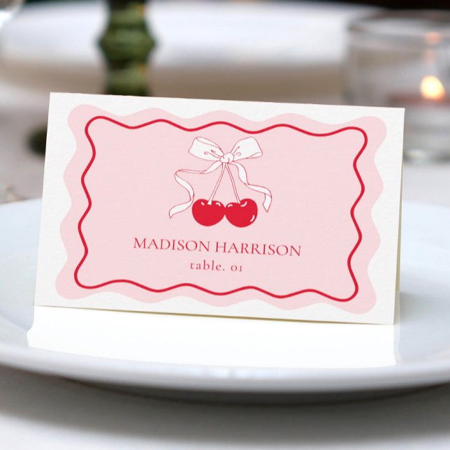 Cherry Bow Red Pink Wedding Name Place Card DIY (Creator Uploaded)