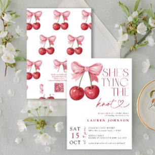 Cherry Bow She's Tying the Knot QR Bridal Shower Invitation