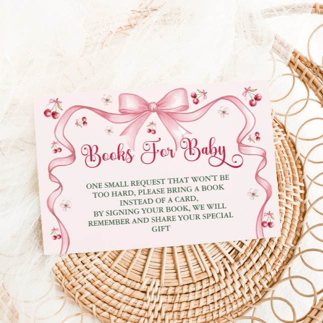 Cherry Bow Themed Baby Shower Books For Baby Enclosure Card (Creator Uploaded)