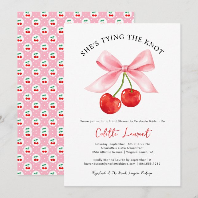 Cherry Bow Tying the Knot Bridal Shower  Invitation (Front/Back)