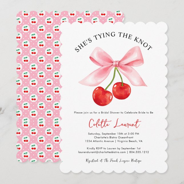 Cherry Bow Tying the Knot Scalloped Bridal Shower  Invitation (Front/Back)
