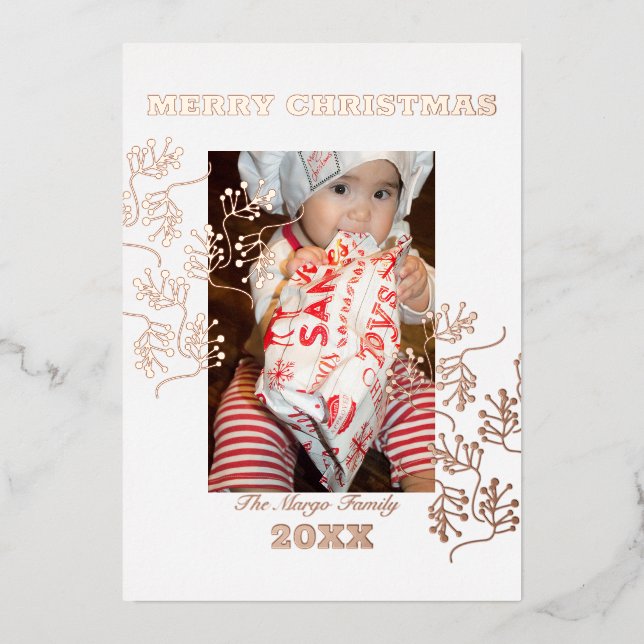 Cherry Branch Merry Christmas Photo Pressed  Foil Holiday Card (Front)