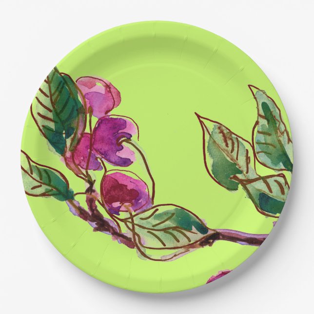 Cherry Branch on Green by Linandara Paper Plate (Front)