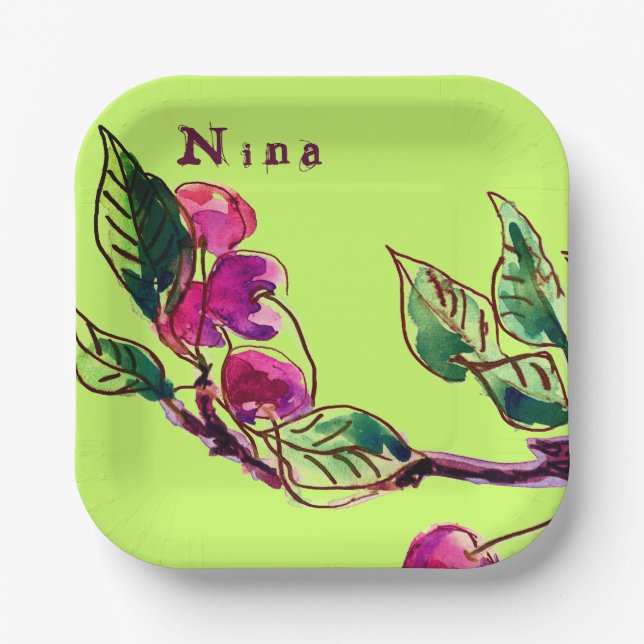 Cherry Branch on Green by Linandara Paper Plates (Front)