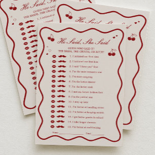 Cherry Bridal Shower He Said She Said Game Card