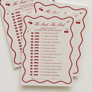 Cherry Bridal Shower He Said She Said Game Card