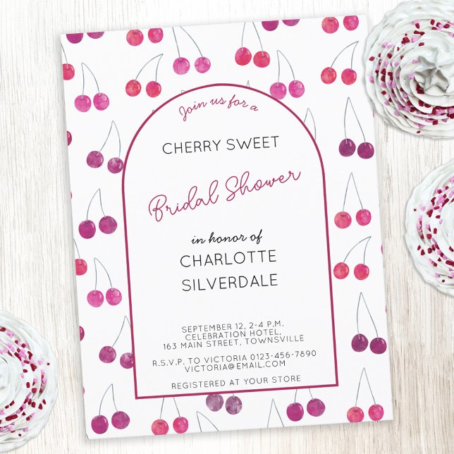 Cherry Bridal Shower Invitation Postcard (Watercolor cherries pattern personalized custom name text bridal shower invitation postcard)