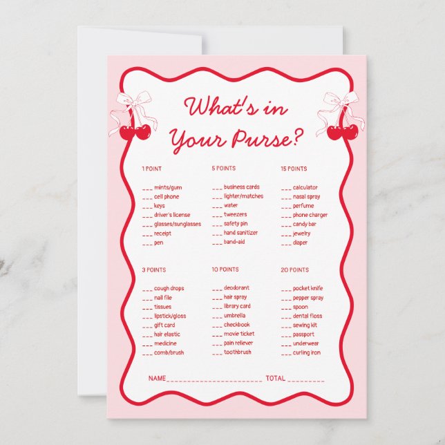 Cherry Bridal Shower What's in Your Purse Game Invitation (Front)