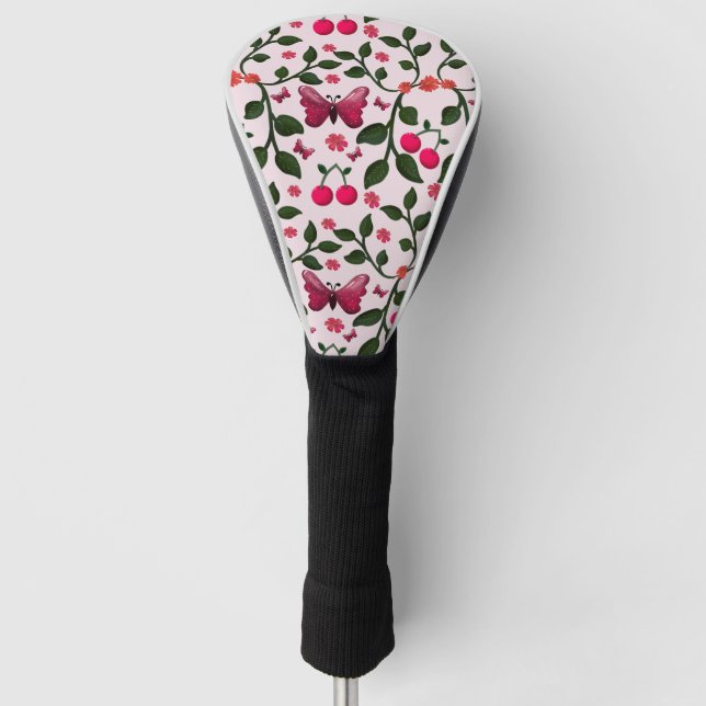 Cherry Butterfly Floral Seamless Pattern  Golf Head Cover (Front)