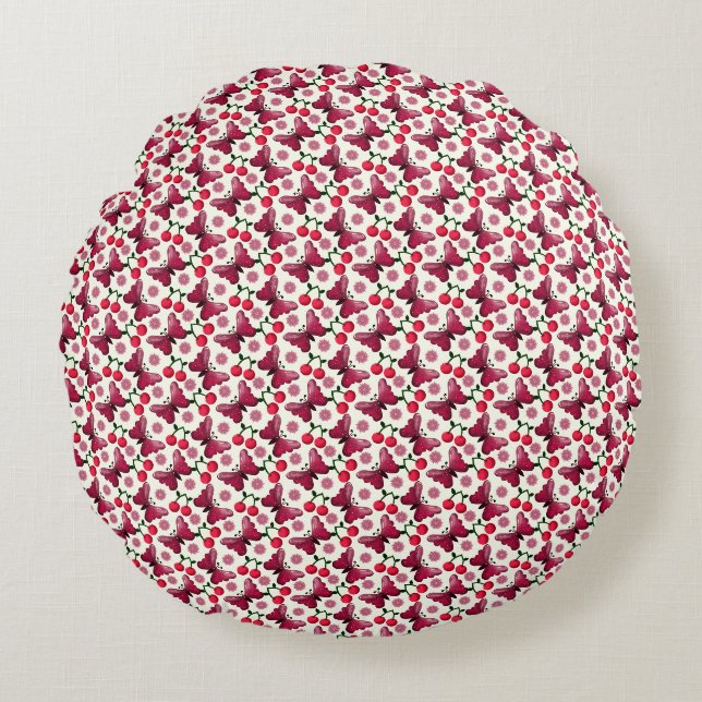 Cherry Butterfly Kawaii Seamless Pattern Round Cushion (Front)
