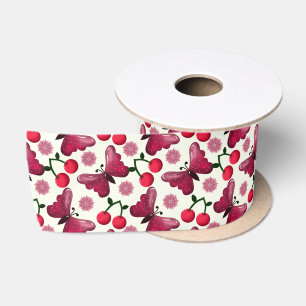 Cherry Butterfly Kawaii Seamless Pattern Satin Ribbon
