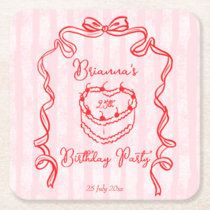 Cherry cake pink coquette bow birthday party favou square paper coaster
