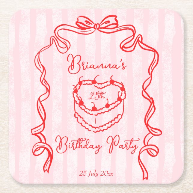 Cherry cake pink coquette bow birthday party favou square paper coaster (Front)